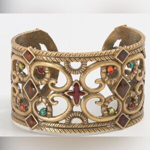 Beautiful Gold Brass Tone Metal Jewel Encrusted Byzantine Style Cuff Bracelet